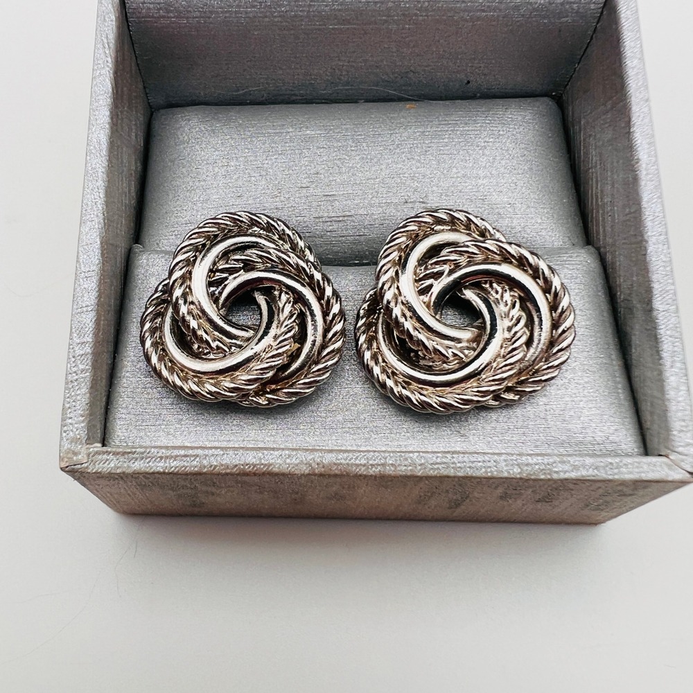 Vintage Silver Tone Twisted Rope Love Knot Post Stud Earrings Textured Jewelry